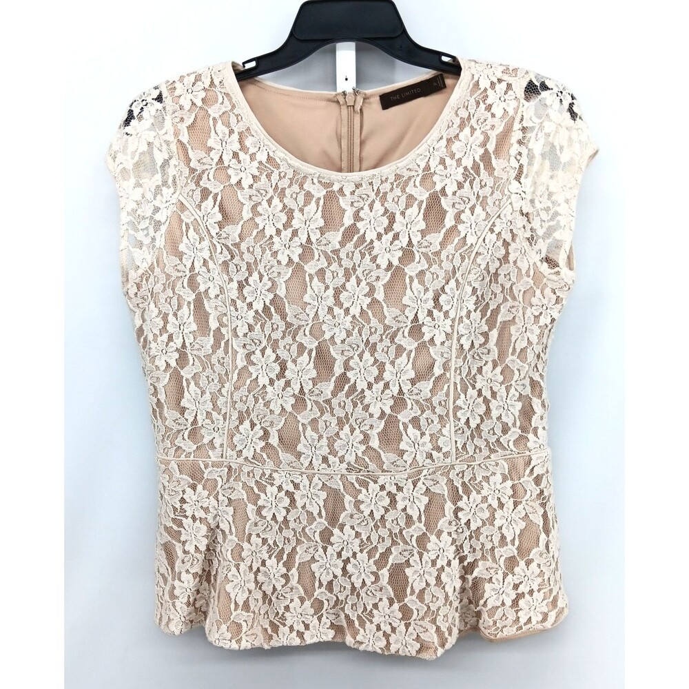 The Limited Blouse Women Size XL Beige Cap Sleeve Crochet Lined 1/4 Zip Back Top
